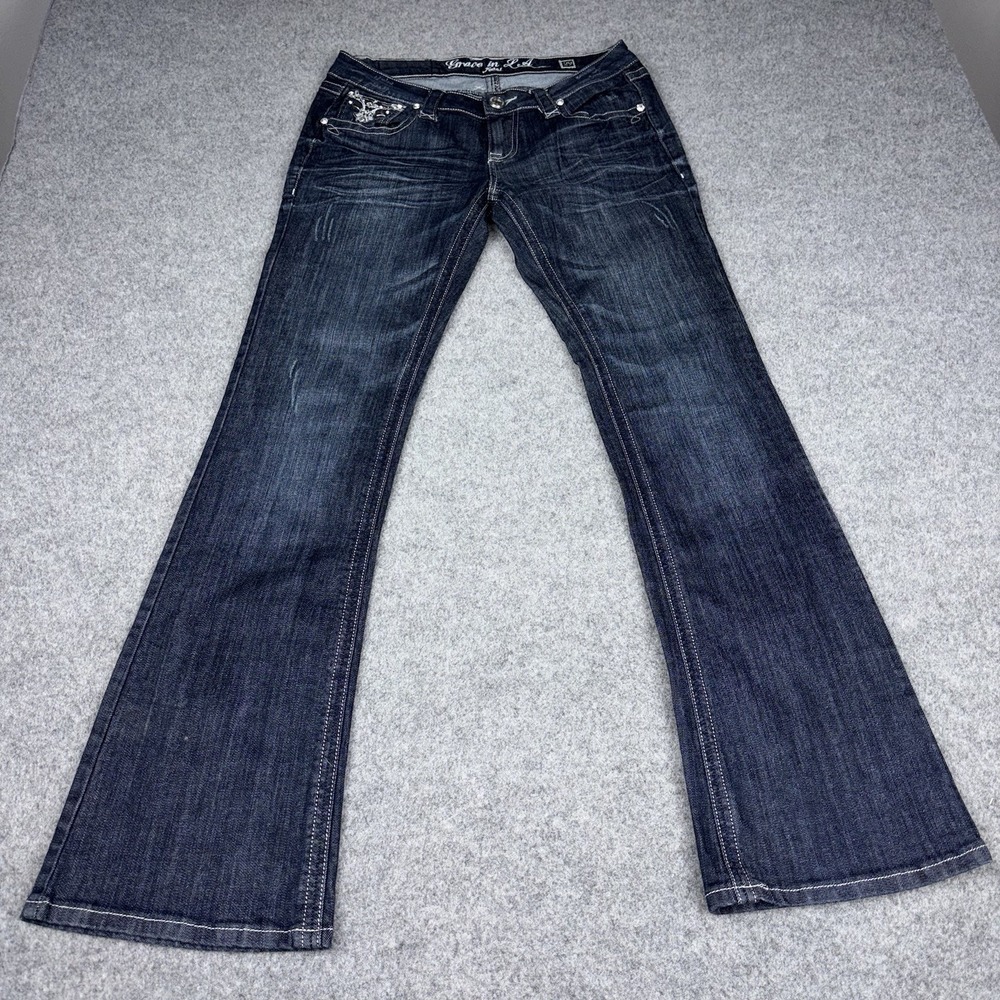 Grace In La Flare Jeans Women's 29 Dark Wash Embellished 31x33 Bell Bottoms EUC